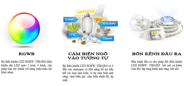 Bộ điều khiển LED RGBW  FIBARO là một thiết bị không dây tiên tiến điều khiển 4 dải màu  đèn LED. 